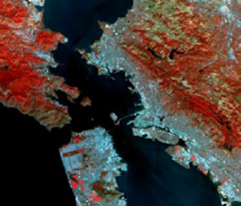 Remote sensing imagery of the Bay Area in reds and cyans