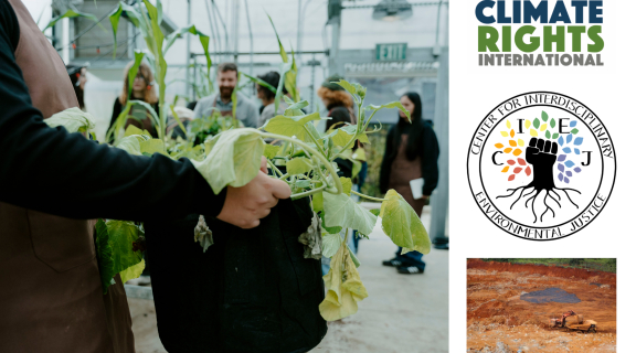 Someone holding a planter in the SFSU greenhouse, with participating organization's logos to the right
